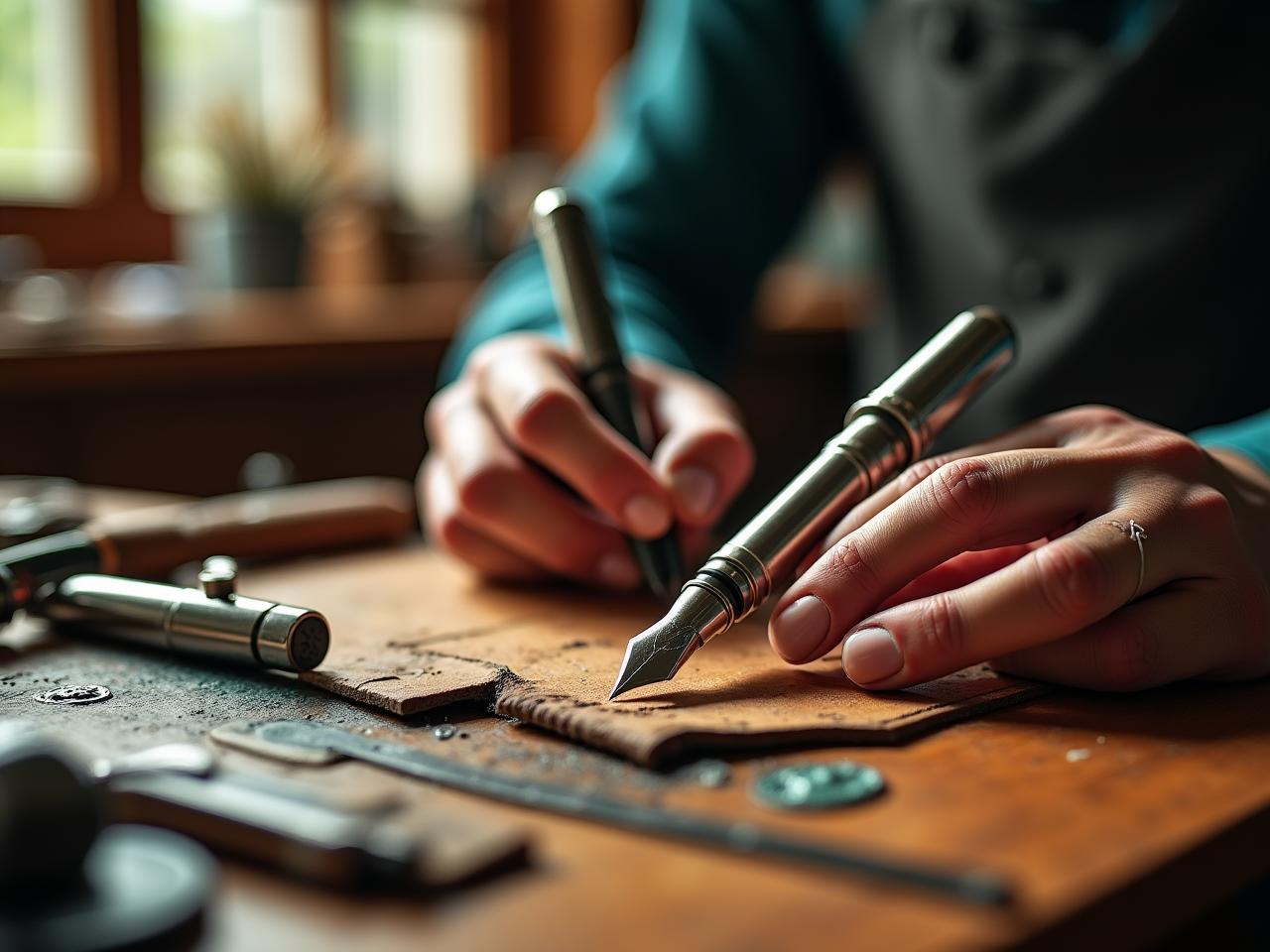 Gros plan sur les mains d'un artisan travaillant le cuir, symbolisant la précision juridique
