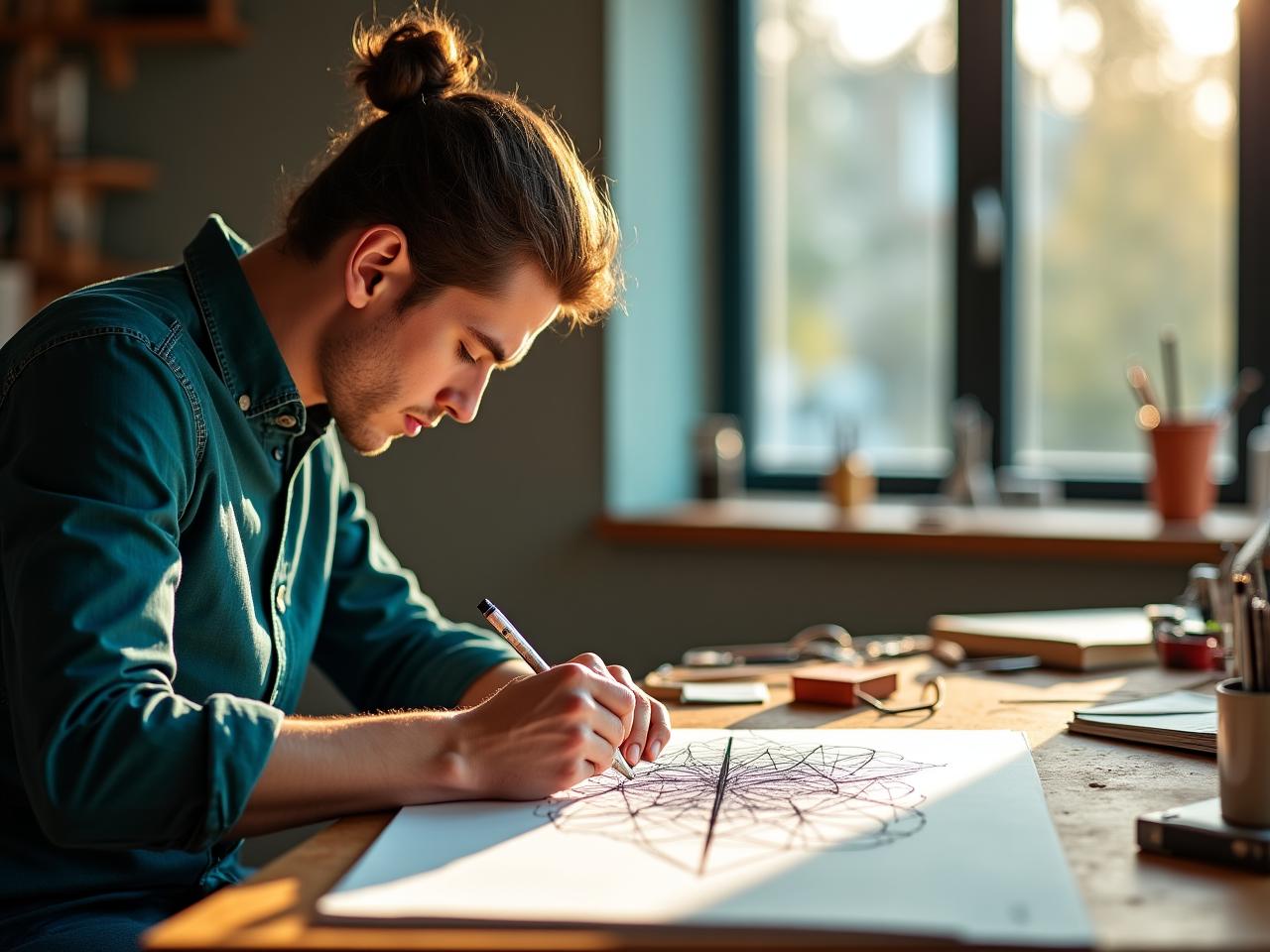 Artiste travaillant dans un atelier de design avec des croquis et des prototypes